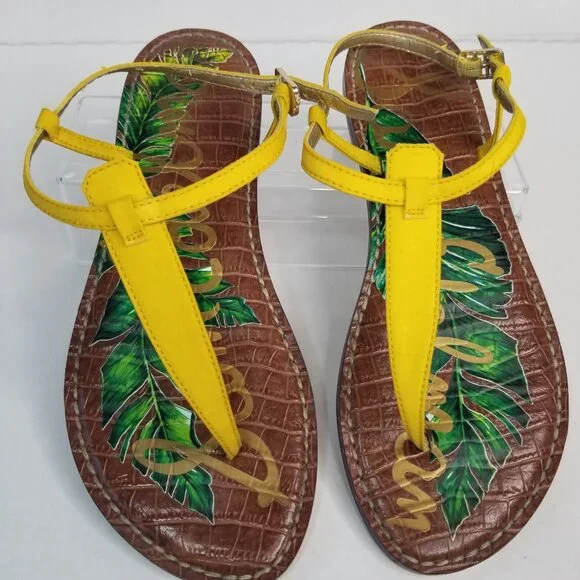 Sam Edelman Tropical Gigi T -Strap Yellow Thong Sandals Boho Resort Summer 7.5W - Picture 6 of 13